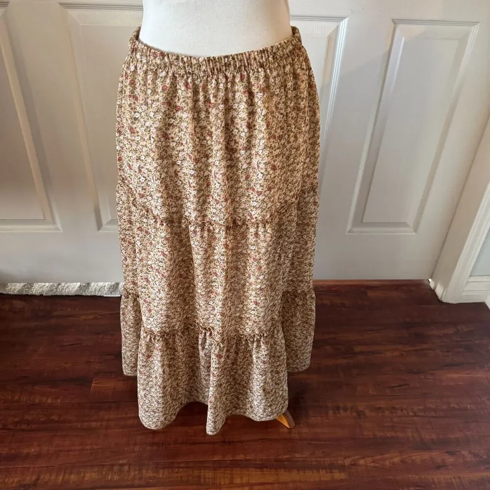 Tiered Womens Floral Skirt Large Cottagecore Fairy Lined Elastic Waist Brown